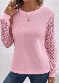 Pink Lace Long Sleeve Round Neck T Shirt -Modlily Shop 338022 P 16896772296112