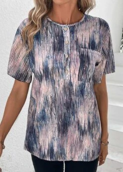 Multi Color Button Graffiti Print T Shirt -Modlily Shop 338082 P 16898486581720