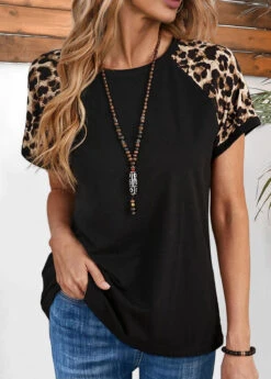 Black Patchwork Leopard Short Sleeve T Shirt -Modlily Shop 338129 P 1689150689399