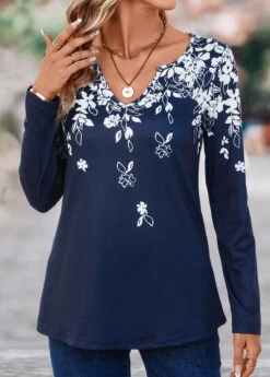 Navy Split Floral Print Long Sleeve T Shirt -Modlily Shop 338132 P 16908781831205