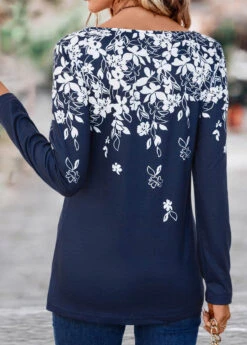 Navy Split Floral Print Long Sleeve T Shirt -Modlily Shop 338132 P 16908781832361
