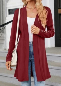 Wine Red Button Long Sleeve V Neck Coat