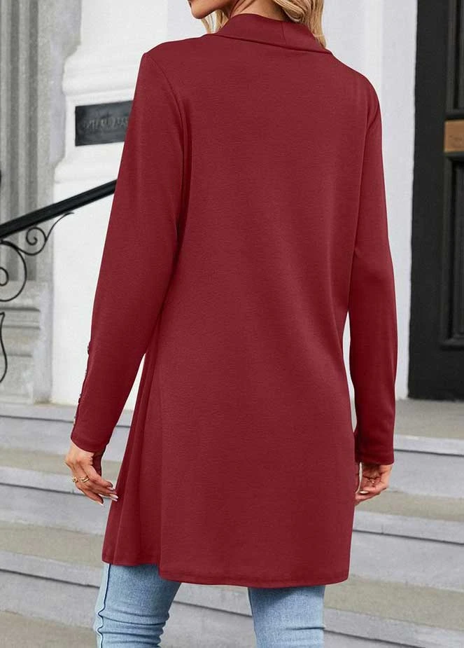 Wine Red Button Long Sleeve V Neck Coat 4 Wine Red Button Long Sleeve V Neck Coat - Image 2