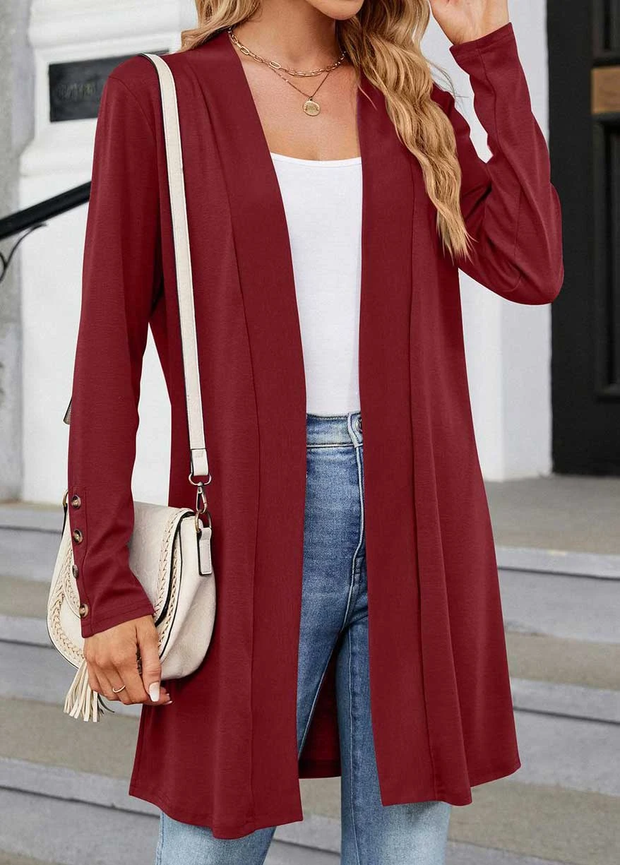 Wine Red Button Long Sleeve V Neck Coat 5 Wine Red Button Long Sleeve V Neck Coat - Image 3