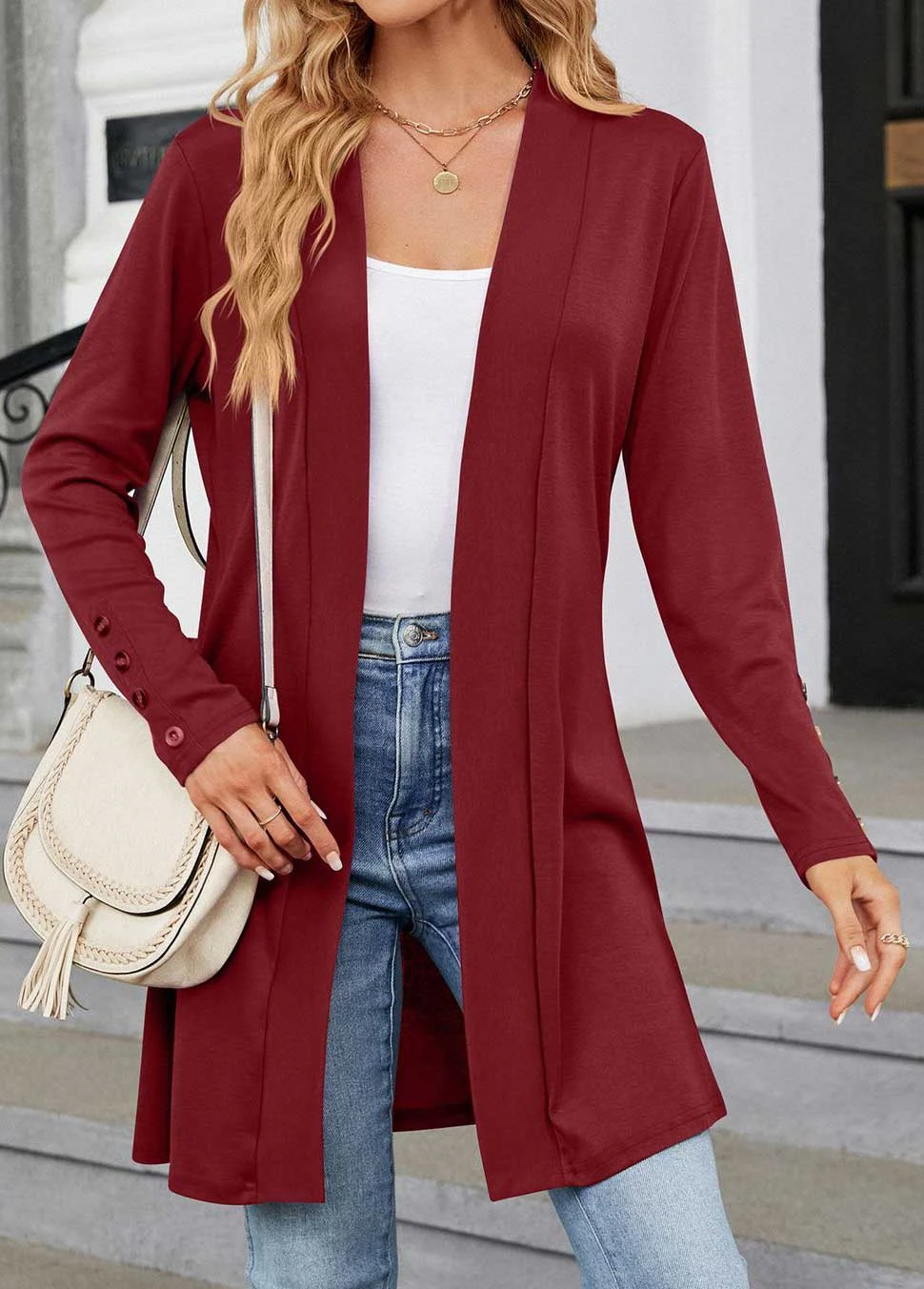 Wine Red Button Long Sleeve V Neck Coat 6 Wine Red Button Long Sleeve V Neck Coat - Image 4