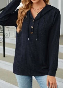 Navy Button Long Sleeve Drawstring Hoodie -Modlily Shop 338151 P 1689126644183