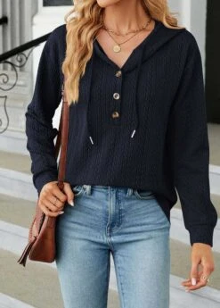 Navy Button Long Sleeve Drawstring Hoodie -Modlily Shop 338151 P 1689126644374