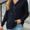 Navy Button Long Sleeve Drawstring Hoodie -Modlily Shop 338151 P 1689126644387