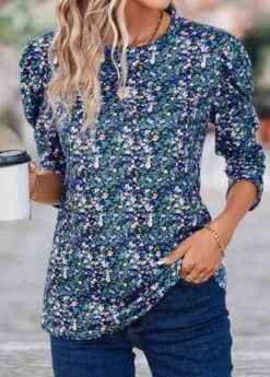 Multi Color Ruched Ditsy Floral Print T Shirt -Modlily Shop 338169 P 16908679325580