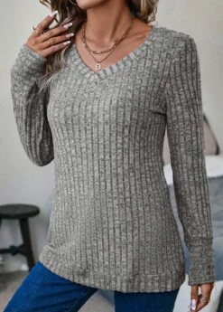 Grey Long Sleeve V Neck T Shirt -Modlily Shop 338171 P 16909459103285