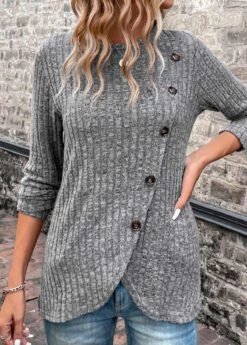 Dark Grey Asymmetry Long Sleeve T Shirt -Modlily Shop 338172 P 16915768241753