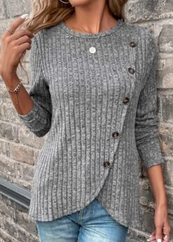 Dark Grey Asymmetry Long Sleeve T Shirt -Modlily Shop 338172 P 16915768244365