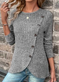 Dark Grey Asymmetry Long Sleeve T Shirt -Modlily Shop 338172 P 16915768244934