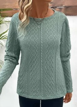 Sage Green Ruched Long Sleeve Round Neck T Shirt -Modlily Shop 338181 P 16909385704094