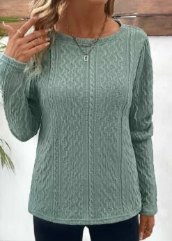 Sage Green Ruched Long Sleeve Round Neck T Shirt -Modlily Shop 338181 P 16909385705193