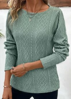 Sage Green Ruched Long Sleeve Round Neck T Shirt -Modlily Shop 338181 P 16909385709302