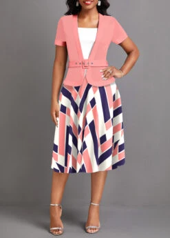 Pink Fake 2in1 Geometric Print Belted Dress -Modlily Shop 338196 P 1694055996586