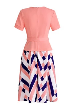 Pink Fake 2in1 Geometric Print Belted Dress -Modlily Shop 338196 P 1694055997228