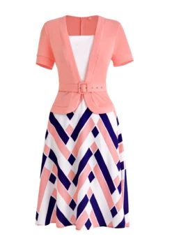 Pink Fake 2in1 Geometric Print Belted Dress -Modlily Shop 338196 P 1694055997878
