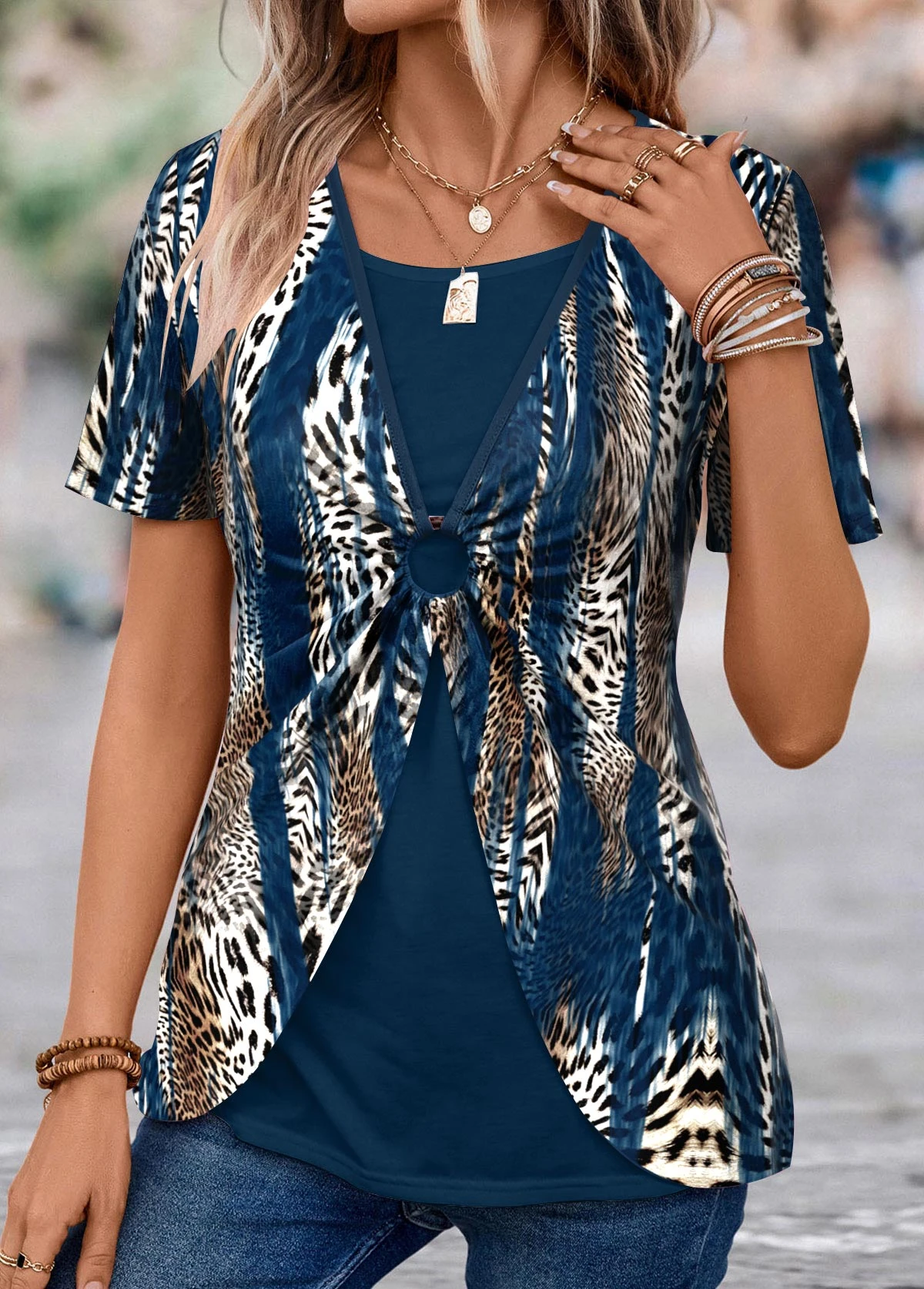 Peacock Blue Fake 2in1 Leopard T Shirt 5 Peacock Blue Fake 2in1 Leopard T Shirt - Image 3