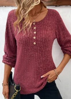 Dark Reddish Purple Button Long Sleeve T Shirt -Modlily Shop 338253 P 16908047086333