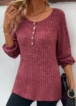 Dark Reddish Purple Button Long Sleeve T Shirt -Modlily Shop 338253 P 16908047087732