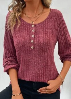 Dark Reddish Purple Button Long Sleeve T Shirt -Modlily Shop 338253 P 16908047089334