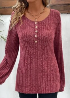 Dark Reddish Purple Button Long Sleeve T Shirt -Modlily Shop 338253 P 16908047089605