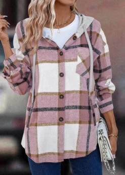 Pink Button Plaid Long Sleeve Hooded Coat -Modlily Shop 338255 P 16908679932084
