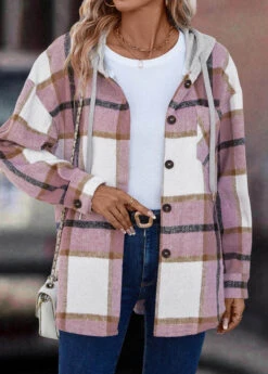 Pink Button Plaid Long Sleeve Hooded Coat -Modlily Shop 338255 P 16908679934872