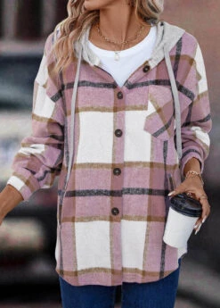 Pink Button Plaid Long Sleeve Hooded Coat -Modlily Shop 338255 P 16908679937605