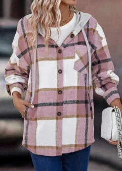 Pink Button Plaid Long Sleeve Hooded Coat -Modlily Shop 338255 P 16908679939403