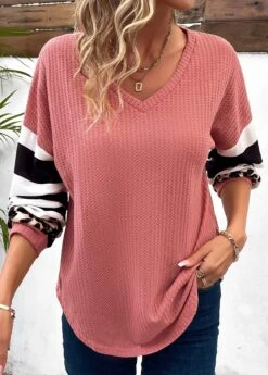 Pink Patchwork Striped Long Sleeve T Shirt -Modlily Shop 338256 P 16910572352450