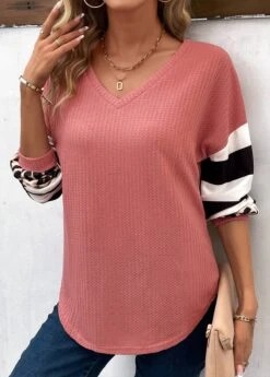Pink Patchwork Striped Long Sleeve T Shirt -Modlily Shop 338256 P 16910572357162