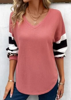 Pink Patchwork Striped Long Sleeve T Shirt -Modlily Shop 338256 P 16910572358844