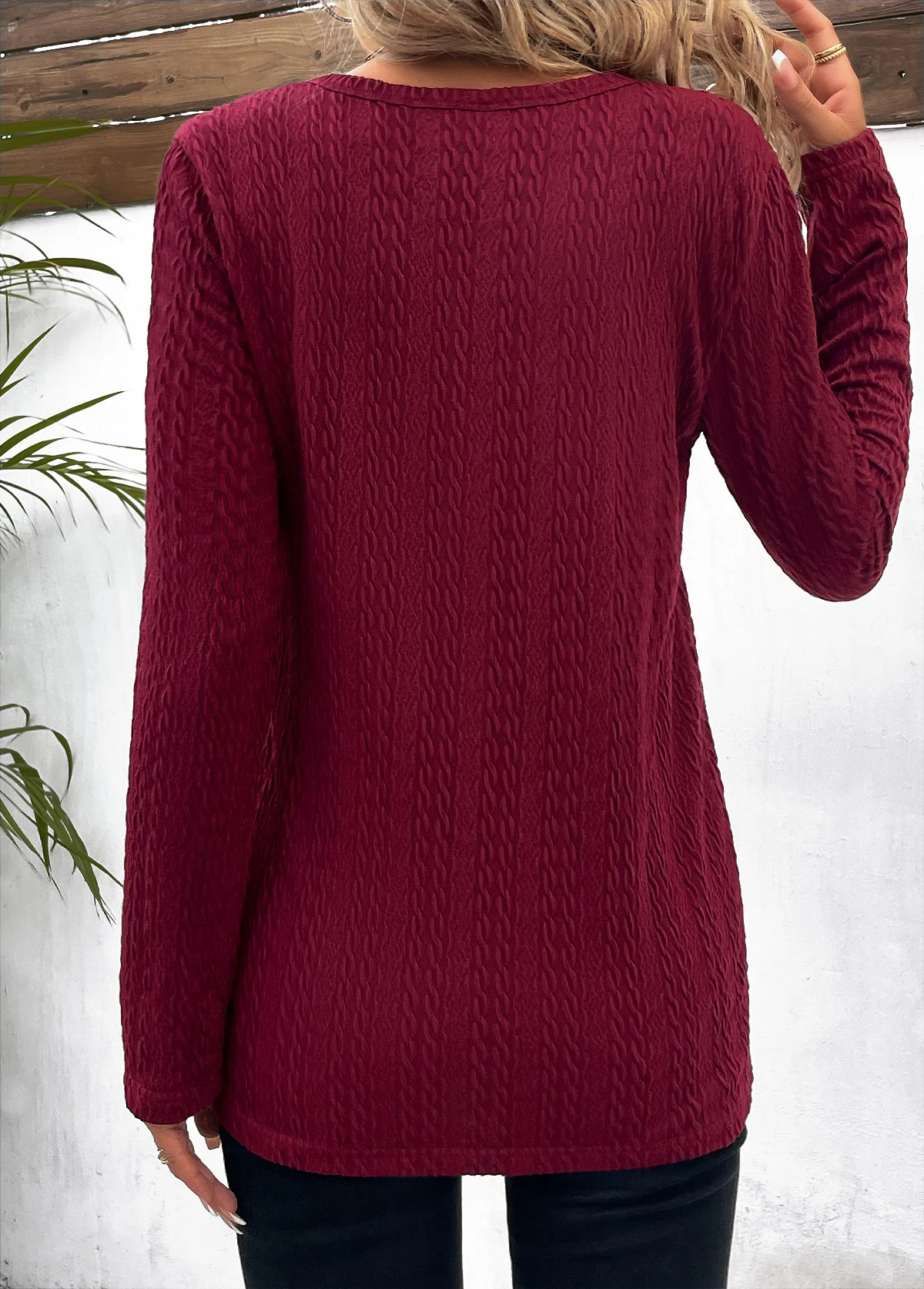 Wine Red Button Long Sleeve Round Neck Sweatshirt 4 Wine Red Button Long Sleeve Round Neck Sweatshirt - Image 2