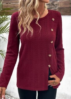 Wine Red Button Long Sleeve Round Neck Sweatshirt 10 Wine Red Button Long Sleeve Round Neck Sweatshirt -Modlily Shop 338273 P 16911472621132
