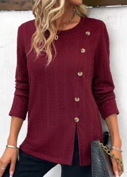 Wine Red Button Long Sleeve Round Neck Sweatshirt 11 Wine Red Button Long Sleeve Round Neck Sweatshirt -Modlily Shop 338273 P 16911472623443