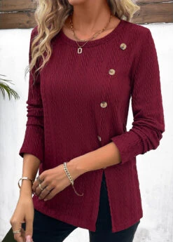 Wine Red Button Long Sleeve Round Neck Sweatshirt 12 Wine Red Button Long Sleeve Round Neck Sweatshirt -Modlily Shop 338273 P 16911472624094
