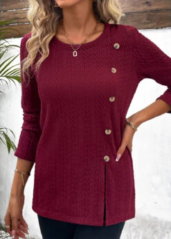 Wine Red Button Long Sleeve Round Neck Sweatshirt 13 Wine Red Button Long Sleeve Round Neck Sweatshirt -Modlily Shop 338273 P 16911472626735