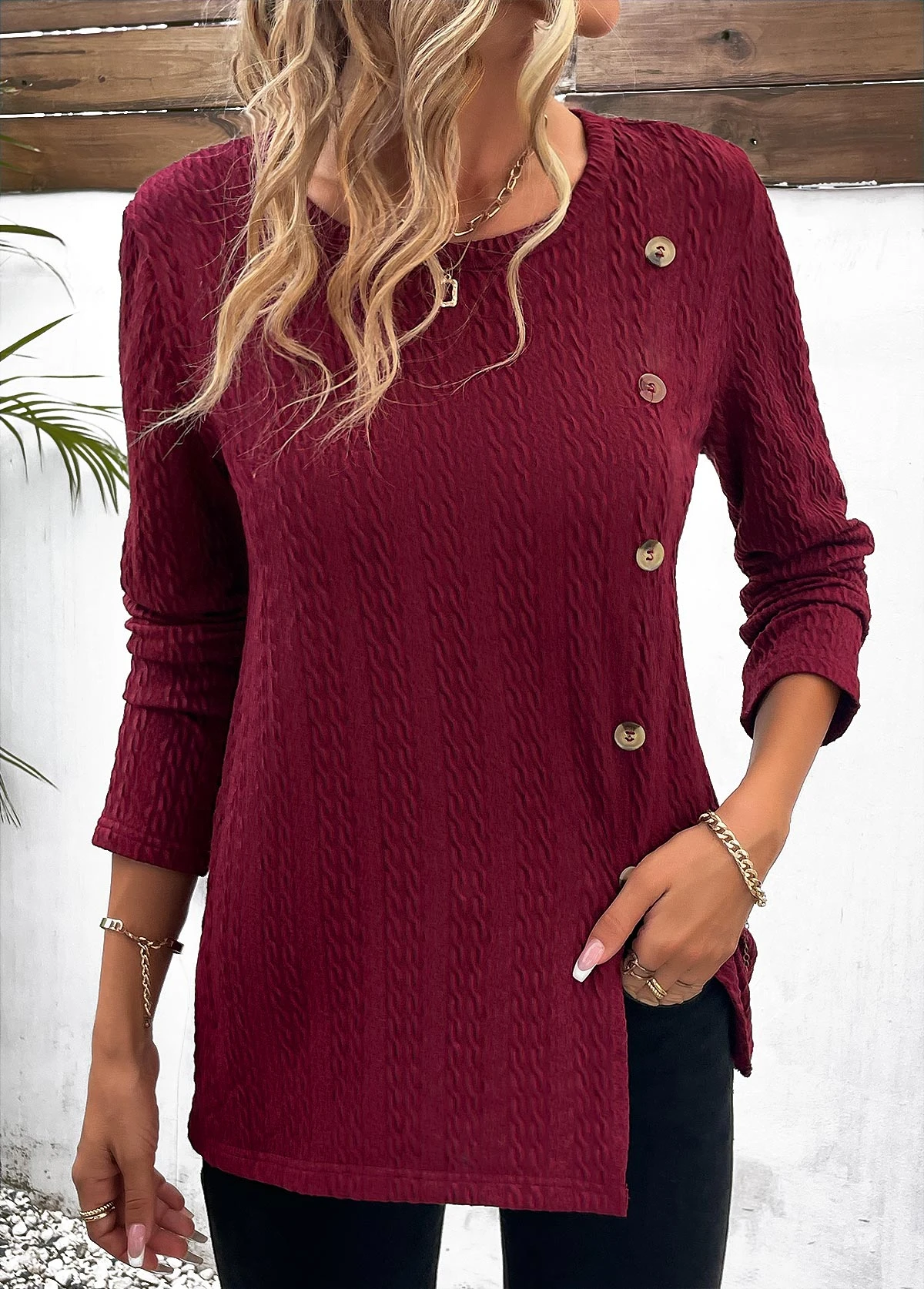 Wine Red Button Long Sleeve Round Neck Sweatshirt 3 Wine Red Button Long Sleeve Round Neck Sweatshirt