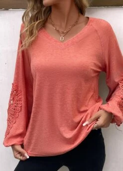 Coral Patchwork Long Sleeve Round Neck T Shirt -Modlily Shop 338283 P 16911474403583