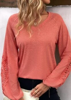Coral Patchwork Long Sleeve Round Neck T Shirt -Modlily Shop 338283 P 16911474405054