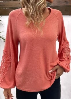 Coral Patchwork Long Sleeve Round Neck T Shirt