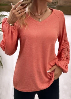 Coral Patchwork Long Sleeve Round Neck T Shirt -Modlily Shop 338283 P 16911474409232