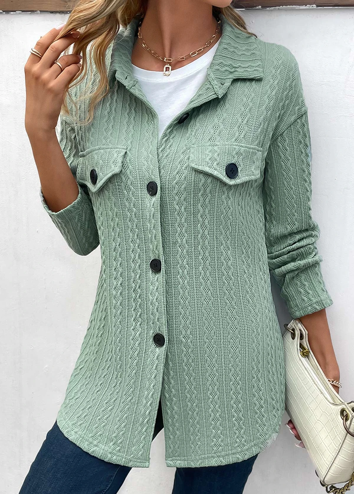 Sage Green Button Long Sleeve Coat 5 Sage Green Button Long Sleeve Coat - Image 3