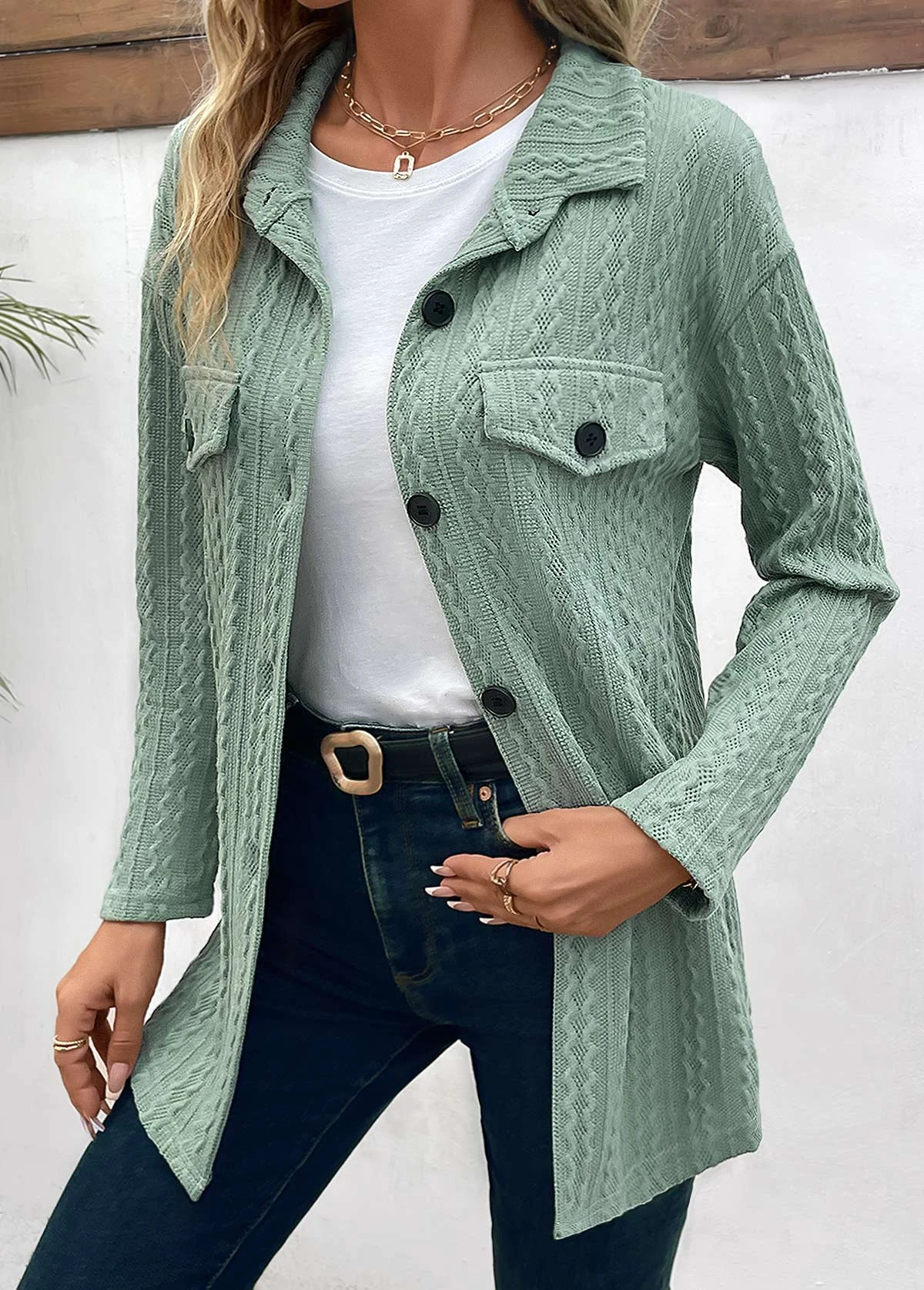 Sage Green Button Long Sleeve Coat 7 Sage Green Button Long Sleeve Coat - Image 5