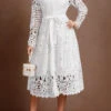 White Lace Belted Long Sleeve Stand Collar Dress -Modlily Shop 338313 P 1691720753051