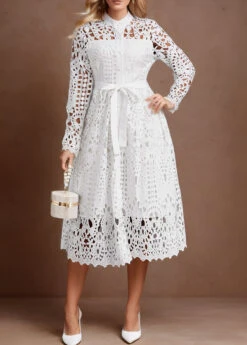 White Lace Belted Long Sleeve Stand Collar Dress