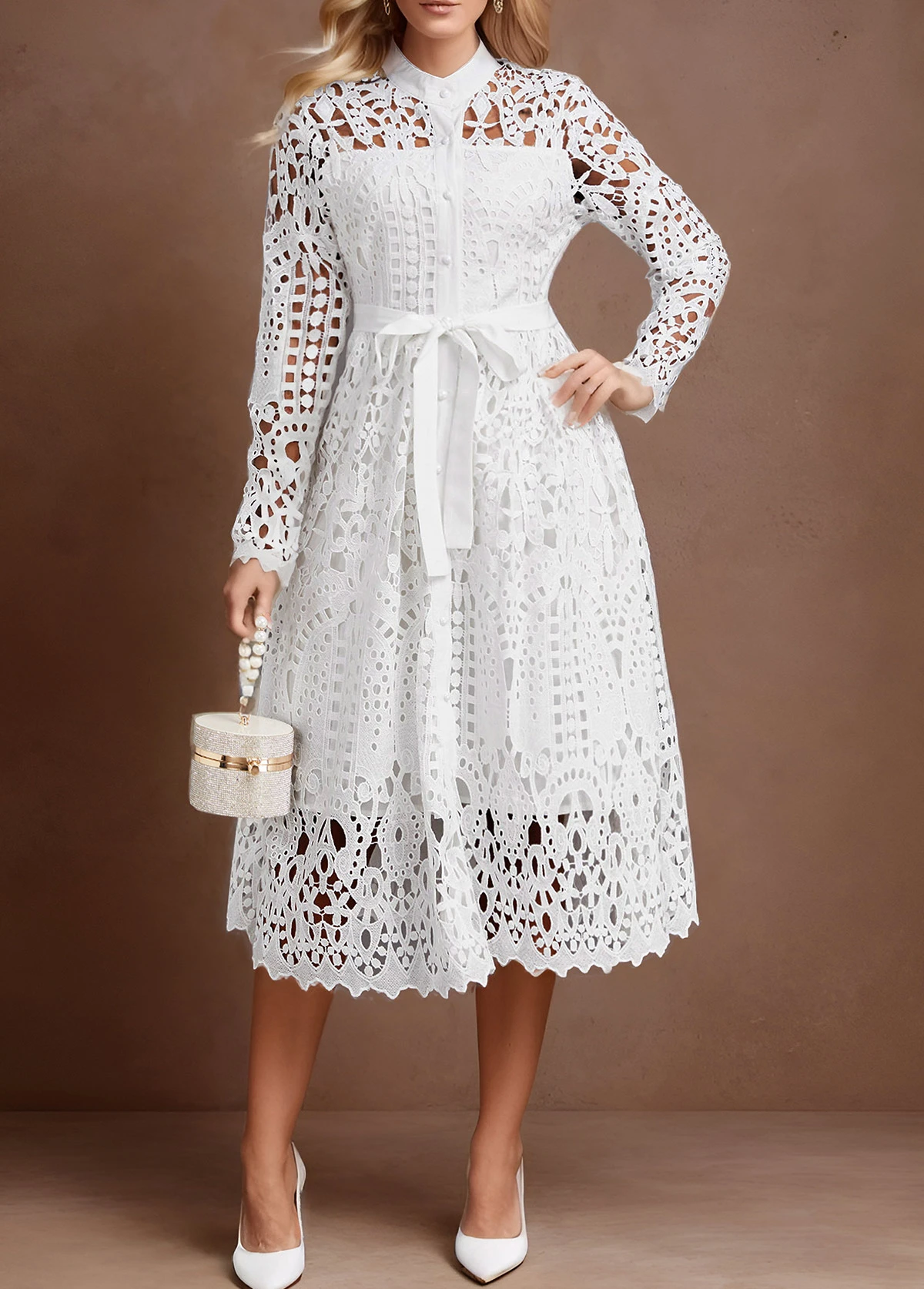 White Lace Belted Long Sleeve Stand Collar Dress 3 White Lace Belted Long Sleeve Stand Collar Dress